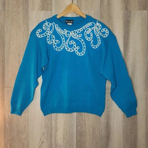 Eckos Blue White Embroidered Swirls Long‎ Sleeve Crew Neck Sweater Womens Size 7